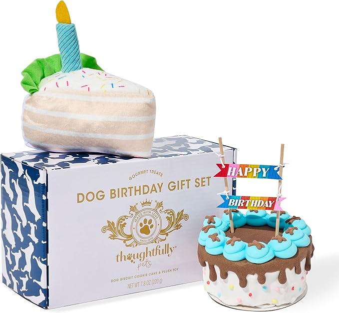 Thoughtfully Pets Dog Birthday Cake and Plush Toy Set, Mini Cookie Cake Treat with Birthday Banner Decoration, Puppy Party Celebration Gift, Hand Decorated Hollow Biscuit Treat for Dogs