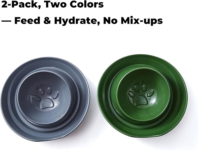 2-Pack Cat Food Ant Barrier Bowls — Ant Proof Cat Food Bowls Tray with Water Moat Design, 10 in Diameter, One-Piece Integrated Bowl, Easy-Clean, Non-Slip Base, Dark Green & Dark Gray