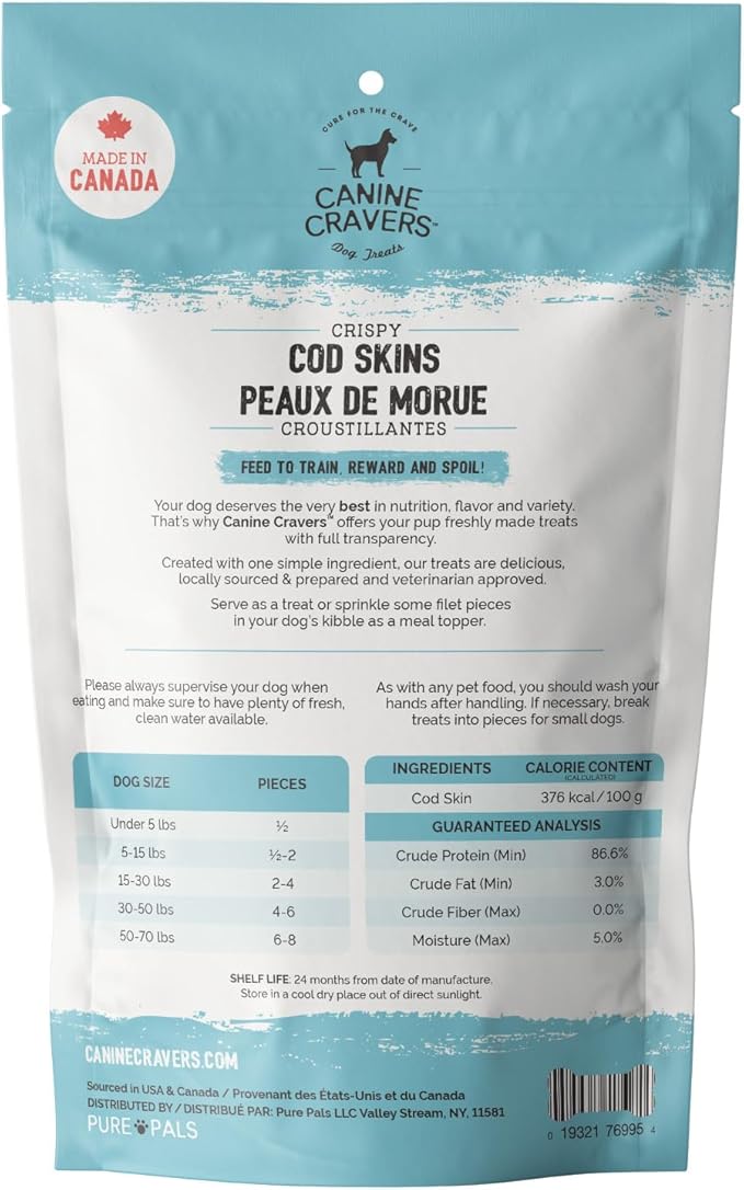 Canine Cravers Single Ingredient Dog Treats – Wild Caught Crispy Cod Skins - Human Grade Air Dried Hypoallergenic Pet Food – Grain, Gluten, and Soy Free – 100% All Natural – 4 oz