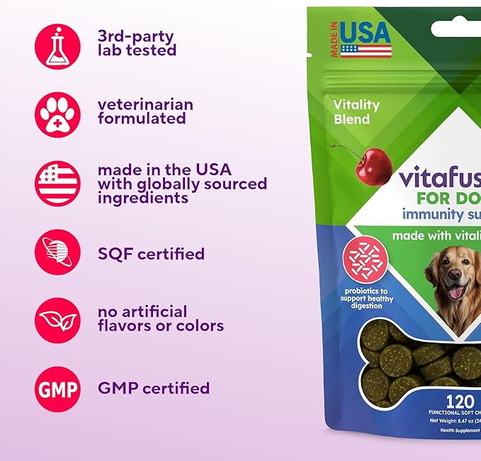 VitaFusion Probiotics for Dogs, Gut & Digestive Health Support with Colostrum & Quercetin, Immune & Seasonal Allergy Support, Superfood Vitality Blend, Beef Flavor120 Soft Chews.