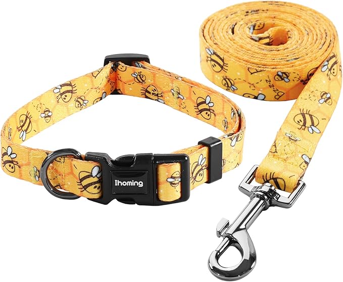 Ihoming Dog Collar and Leash Set for Daily Outdoor Walking Running Training, Bee Design for Medium Boys Girls Dogs Cats Pets, M-Up to 45LBS