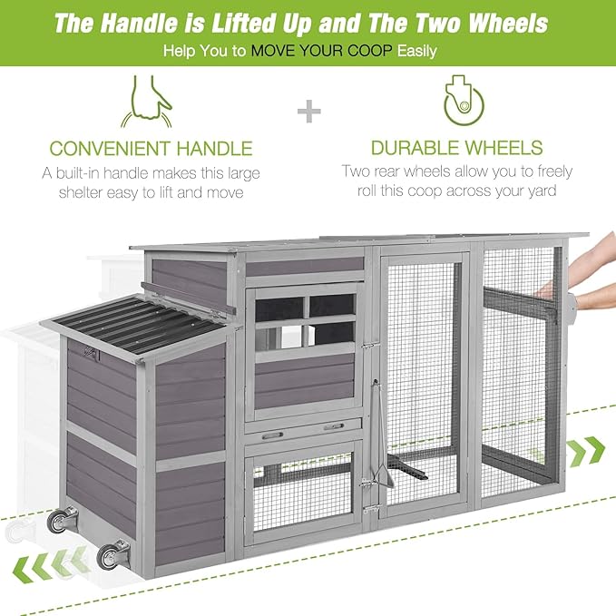 GUTINNEEN Chicken Coop with Wheels, Lagre Hen House with Run, Portable Chicken Cage with Nesting Box, Waterproof Roof and Metal Tray for 4-6 Chickens,Mobile Chicken Tractor, 74.9" L