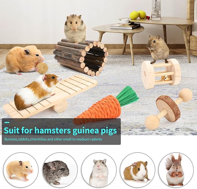 YIXUND Hamster Cage Accessories, 12 Different Chew Toys for Guinea Pig, Chinchillas, Gerbils, Mice, Rats, Mouse, Rabbit, Bunny Hideout Seesaw, Natural Molar Tools