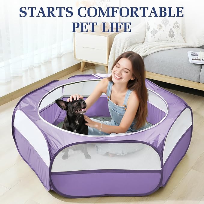 2-in-1 Small Animals Playpen with Pad, Waterproof Small Pet Cage Tent with Reusable Pad, Portable Outdoor Yard Fence with 3 Metal Rod for Chick/Kitten/Puppy/Guinea Pig/Rabbits/Chinchillas, Purple+Gray