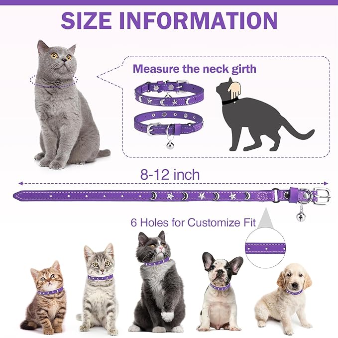 Leather Cat Collars for Boy Girl Cats with Bell and Safety Elastic Belt, Personalized Star and Moon Stud Adjustable Safe Buckle Collar for Kitty Small Big Cats Size 7-9 Inch, Purple