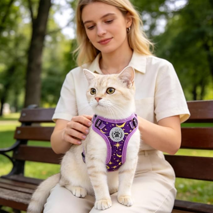 BEAUTYZOO Cat Harness, Escape Proof Cat Leash and Harness Set for Walking, Soft Breathable Vest Harness with Neck Adjustable, Reflective Easy-Control Kitten Harness for Cats (Star Design),Purple S