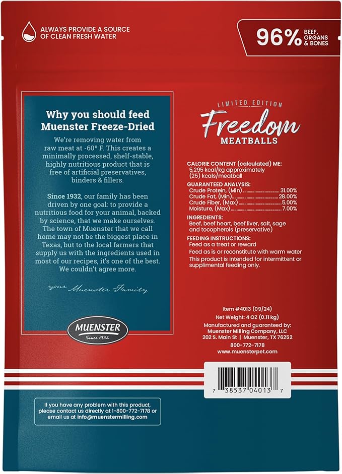 Muenster Freeze Dried Beef Meatball Dog Treats (4oz) - Grain Free, Made in USA