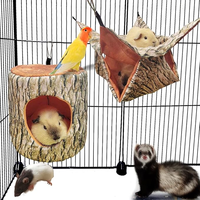 EAEDMY Guinea Pig, Rat & Ferret Tree Hole Bed and Hammock Tunnel, Parrot Bird Hideout and Soft Bed