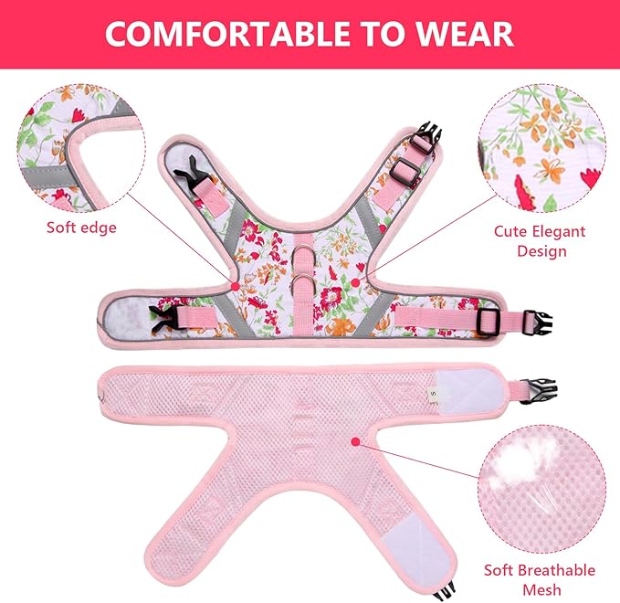Floral cat Leash and Harness Set. The cat Harness Escape Proof Feature Allows You to Walk You cat, Small Dog or Rabbit Without Worries. This Kitten Harness and Leash is Cute and Trendy