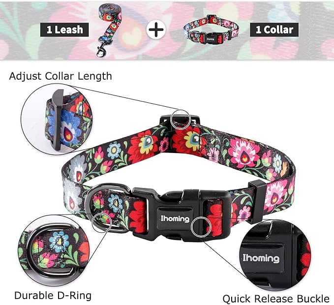Ihoming Dog Collar and Leash Set for Daily Outdoor Walking Running Training, Black Colorful Flowers Design for Medium Boys Girls Dogs Cats Pets, M-Up to 45LBS