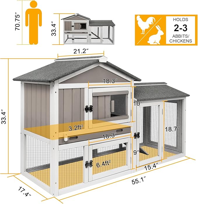 PetsCosset 57" L Rabbit Hutch Indoor and Outdoor 2-Story Rabbit Cage with Pull Out Tray,Fir Wood Guinea Pig Cages with Wooden Ramp,Waterproof Bunny Cage Indoor Bunny Hutch with Waterproof Roof,Grey