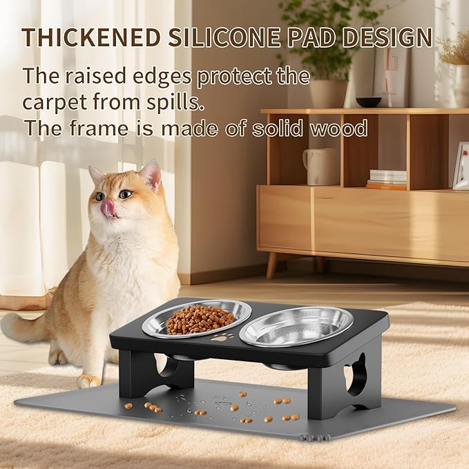 Elevated Cat Bowls with Silicone Mat, 15° Tilted Solid Wood Stand, Raised Stainless Steel Food & Water Dishes for Cats and Small Dogs, Anti-Vomiting Design(Black)