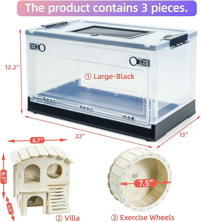 RunDuck Small Animal Pet Hamsters Big Cage Large, Foldable Portable 360° Viewing Ventilated Cages with Villas, Exercise Wheels, for Hamsters, Rats, Dwarf Hamsters, Gerbils, Guinea Pigs (Black, 22")