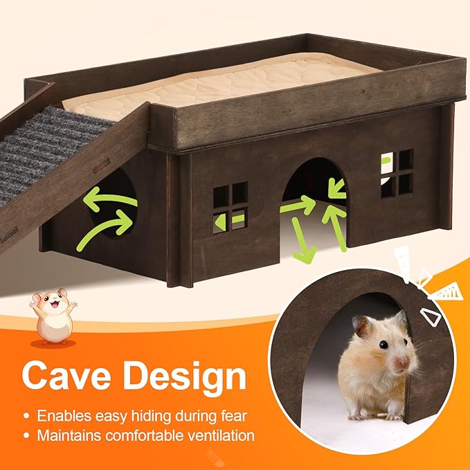 Large Bunny House with Stair, Wooden Bunny Castle Rabbit Hideout, Chinchilla and Guinea Pigs Hut Hideouts, Sturdy Rabbit Cage Hamster Hideout Bed Hutch（Excluding String Lights）