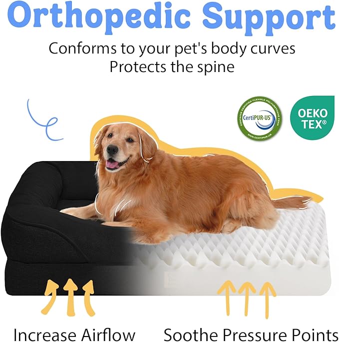 Washable Orthopedic Large Dog Bed - XL Memory Foam Pet Couch Sofa with Removable Cover Waterproof Bolster for Large Size Dogs