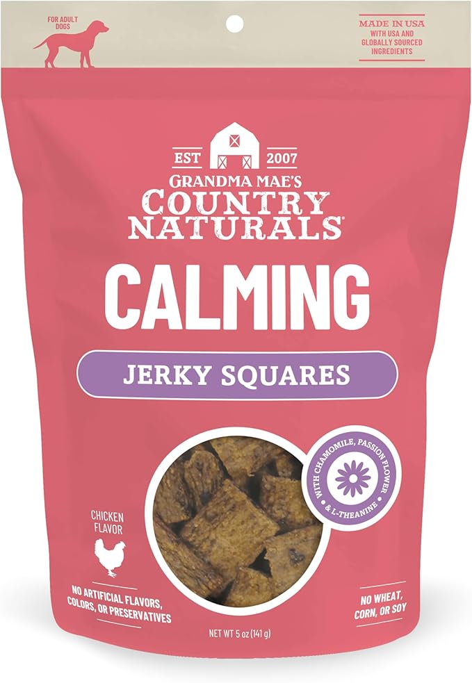 Grandma Mae's Country Naturals Jerky Squares Calming Dog Treats, Chicken with Chamomile, Passion Flower & L‑Theanine, No Wheat, Corn, or Soy, Made in USA, 5 oz