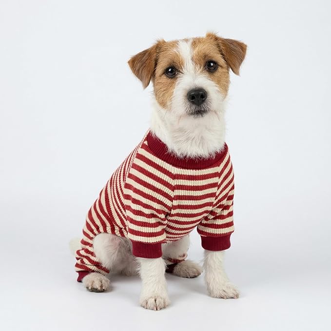 Fitwarm Red and White Striped Dog Pajamas, Waffle Dog Clothes for Small Dogs Girl Boy, Puppy Onesie with Feet, Pet Christmas Outfit, XL