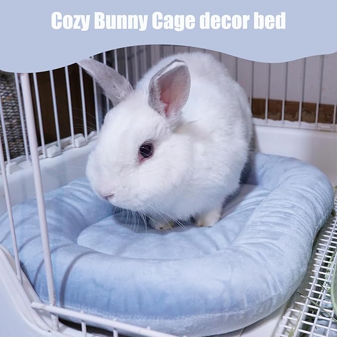 15.7’’×12.2’’ Cozy Bunny Bed for Rabbits Indoor, Soft Concave Oval Beds for Small Animal, Washable Plush Mat for Bunnies, Guinea Pigs,Rabbit for Winter,Blue