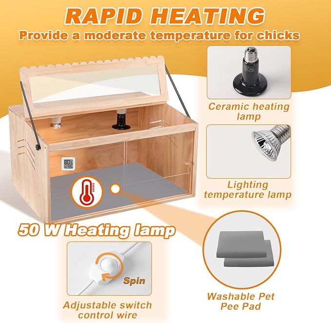 Chicken Brooder Box, Brooder Box for Chicks & Quail, Large Chicken Coop Quail Cage with Heat Lamp, Ideal for Chicks, Ducks, Quails, Hamsters and Lizards (23.6 x 16 x 16 in)