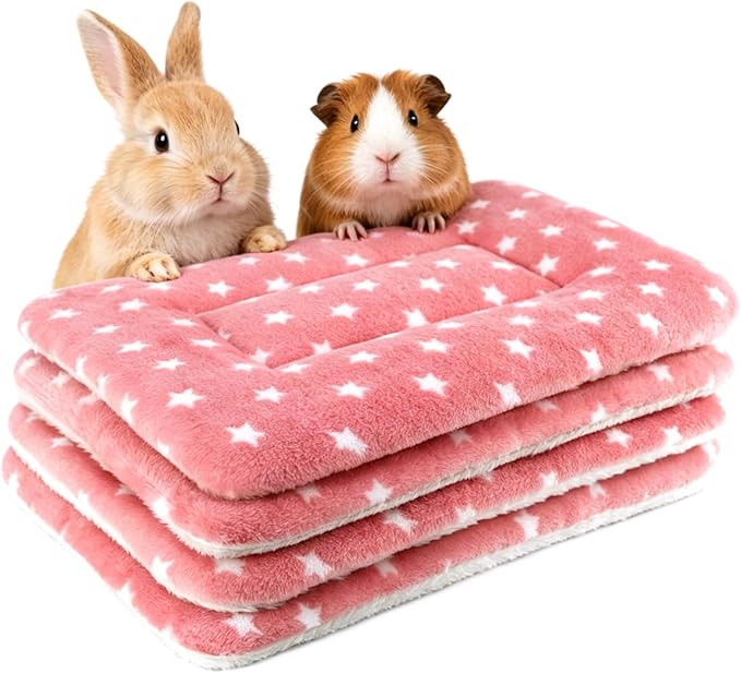 4 Pack Rabbit Bed Mat, 14" x 11" Soft Fluffy Flannel Small Pet Blanket, Washable Sleeping Pad for Guinea Pigs, Bunnies, Star Print - Pink