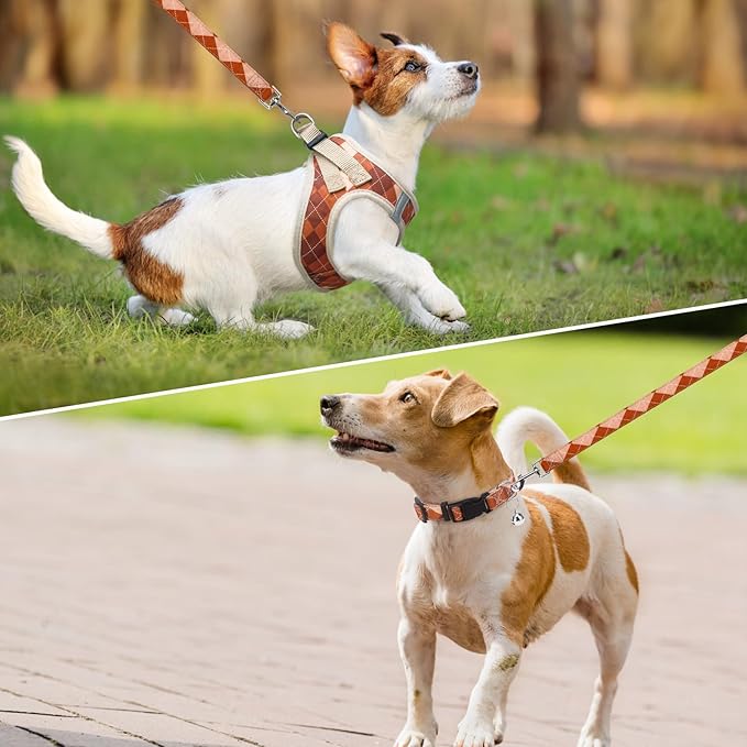 SCENEREAL Fall Thanksgiving Small Dog Harness and Leash Collar Set, Step in No Pull Plaid Puppy Harness for Small Dogs Outdoor Walking, Soft Mesh No Chock Reflective Vest Harness, Brown S