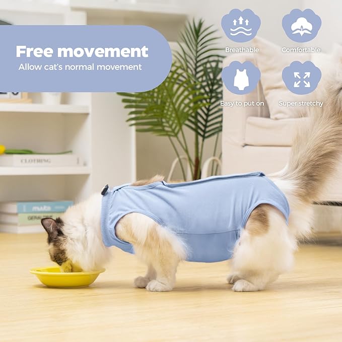 Avont Cat Recovery Suit Female Kitten After Spay Surgery, Breathable Modal Cotton Cat Onesie for Wound & Skin Disease Care, Machine Washable -Blue(M)