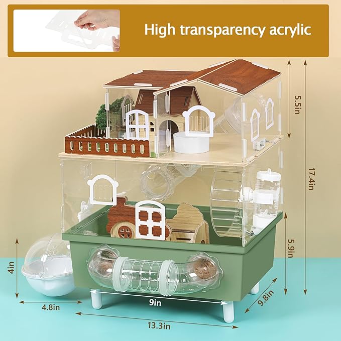Large Hamster Cage Acrylic Hamster Enclosure with Hideout, Wheel & Tunnels Clear Hamster Habitats for Syrian Dwarf Hamster, 3 Tier Animal Gerbil Cage for Pet Mice House, 13.3" L x 9.8" W x 17.4" H