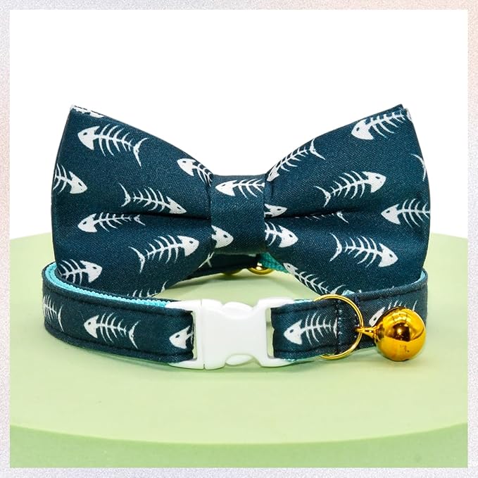 Fish Bone Cat Collar Bow Tie, Breakaway Safety Collar, Wedding/Birthday Cat Accessories, Adjustable Bowtie, Removable Jingle Bell