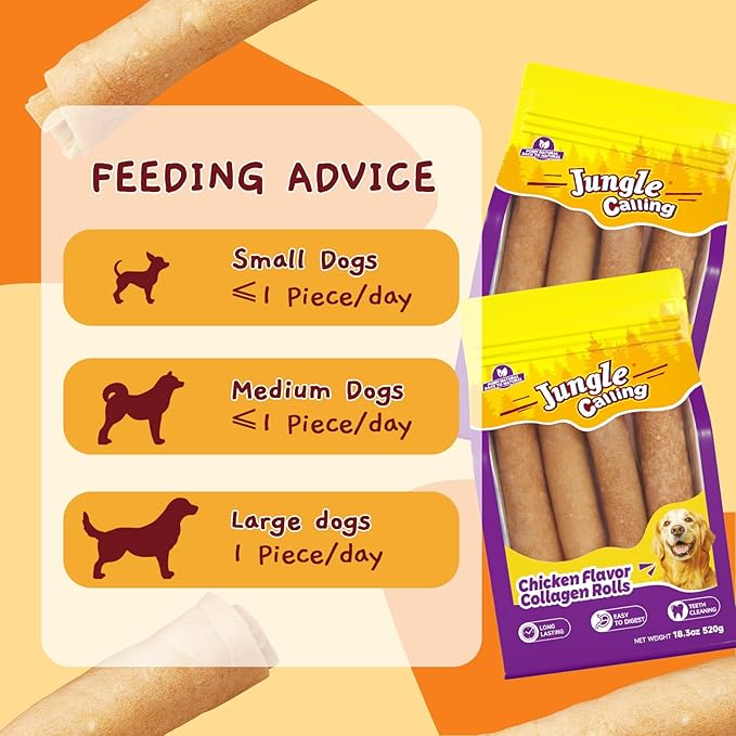 Jungle Calling 18.3 oz Collagen Rolls for Dogs, 7 Inch Long Lasting Dog Treats, Chicken Flavor Rawhide Alternative, Digestible Chew Bones for Medium and Large Dogs, 4 Count