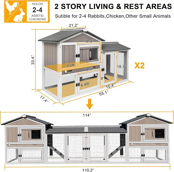 PetsCosset 114" L Rabbit Hutch Indoor and Outdoor 2-Story Rabbit Cage with Pull Out Tray,Fir Wood Guinea Pig Cages with Wooden Ramp,Waterproof Bunny Cage Indoor Bunny Hutch with 2 Asphalt Roofs,Grey