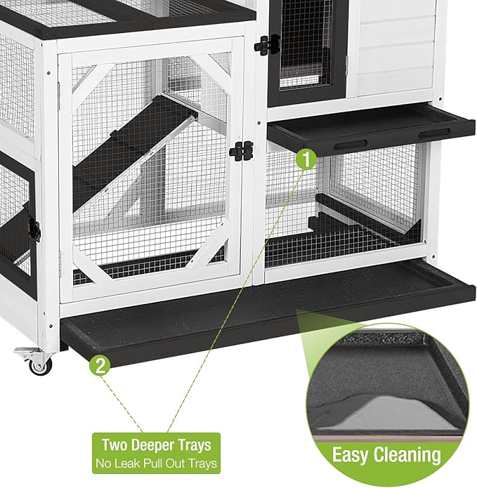 GUTINNEEN Rabbit Hutch Indoor Outdoor 2 Story Bunny House on Wheels Wood Rabbit Cage with 2 Pull Out Trays Guinea Pig Cage (Black)