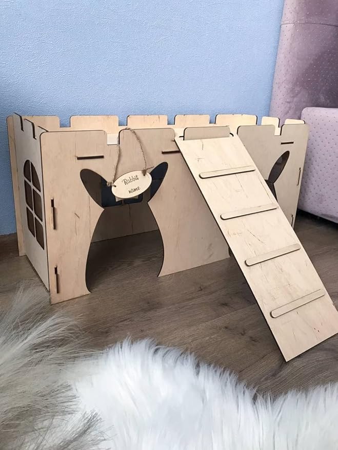 Bunny house with ladder, guinea pig house, rabbit furniture, bunny decoration, rabbit supplies, chinchilla house, pet bed, chinchilla (23.6x11x8.7 inch)