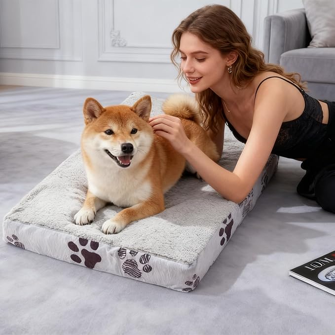Large Dog Bed for Crate, 35x22 Inch Washable Crate Mat with Removable Cover & Anti-Slip Bottom, Comfy Orthopedic Egg Crate Foam Flat Pet Bed, Christmas Red