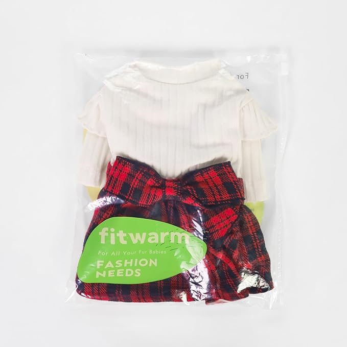 Fitwarm Knitted Plaid Sweater Dress, Christmas Outfit, Winter Clothes for Small Dogs & Cats, White & Red, Small