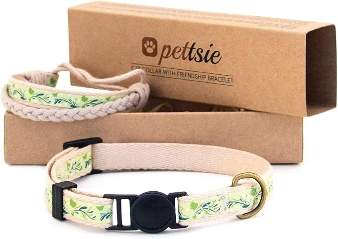 Pettsie Kitten Collar Breakaway with Matching Bracelet – Soft Cotton, Quick-Release Safety Buckle, Adjustable 5"-8", Stylish Gift Box, Green