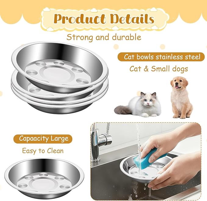 24 Pcs Stainless Steel Cat Bowls Shallow Cat Food Bowls, Shallow Metal Pet Dishes, Replacement Whisker Relief Cats Water Dish, for Elevated Stand, Dishwasher Safe, 5.4 Inch