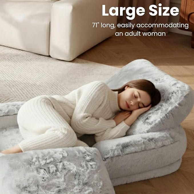 71" Human Dog Bed for Adults & Pets, Foldable Lazy Bed with 4 Adjustable Positions, Convertible Tatami Sofa with Detachable Faux Fur Cover & 2 Pillows for Bedroom & Living Room