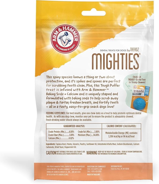 Arm & Hammer for Pets Mighties by TREADZ, Dental Treats for Dogs with Baking Soda & Calcium, Help Fight Bad Breath, Plaque & Tartar, Mint, Tough Puffer Shaped, 7 Pcs - 2 Pack