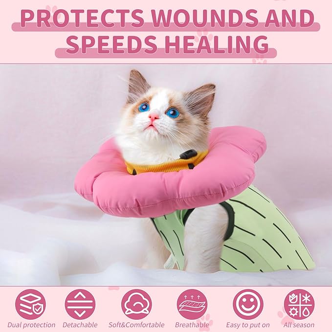 EMUST 2PCS Cat Recovery Suit and Cat Surgery Suit, Cute Cats Surgical Suit for Abdominal Wounds or Skin Diseases, Adjustable Flower Neck Cats Cone Collar Soft for 4-8lb(Green, M)