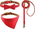 3PCS Bow Tie Dog Collar and Leash Set Plaid/Camo/Dots/Flower Dog Bandanas with Bell 3 Size Adjustable for Small Dogs Puppies and Cats (XS, Red Dots)