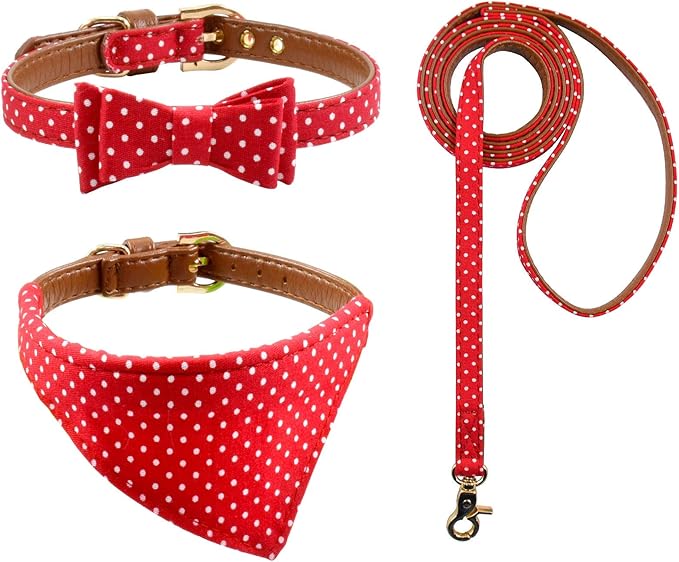 3PCS Bow Tie Dog Collar and Leash Set Plaid/Camo/Dots/Flower Dog Bandanas with Bell 3 Size Adjustable for Small Dogs Puppies and Cats (XS, Red Dots)