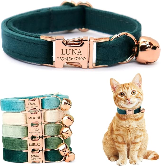 Personalized Non-Breakaway Cat Collar with Name, Luxury Soft Velvet Custom Engraved Name Collar with Bell for Kittens & Cats (Teal, L (7.5-12.5 inches))
