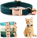 Personalized Non-Breakaway Cat Collar with Name, Luxury Soft Velvet Custom Engraved Name Collar with Bell for Kittens & Cats (Teal, S (6.5-10.5 inches))