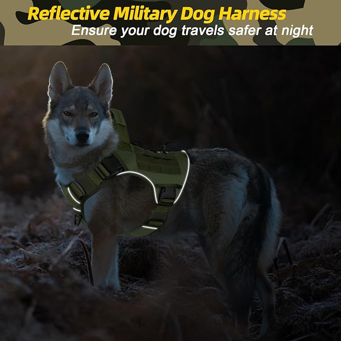 WINGOIN Tactical Dog Harness for Extra Large Dogs, Heavy Duty No Pull Dog Harness with Handle, Adjustable Reflective Military K9 Big Dog Vest for Great Dane, Walking, Training, Hunting, Green (XXL)