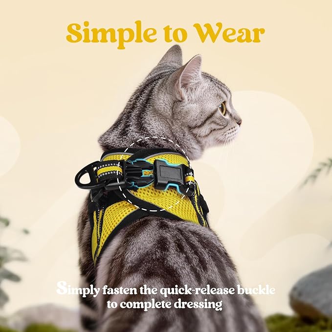 rabbitgoo Cat Harness and Leash Set for Walking Escape Proof, Adjustable Soft Kittens Vest with Reflective Strip for Cats, Comfortable Outdoor Vest, Bright Yellow, L