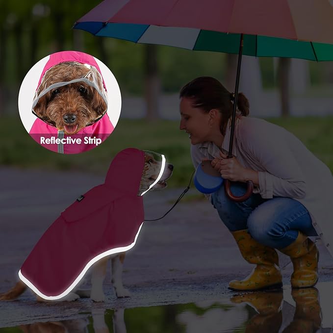 Lukovee Dog Raincoat, Adjustable Dog Rain Jacket with Clear Hooded Double Layer for Large Medium Small Dogs Puppies, Waterproof Rain Coat Poncho with Reflective Storage Pocket & Rim (Fuchsia,XXL)