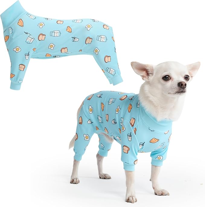 Spark Paws Dog Pajama, Dog Recovery Suit Male, Onesie, Ultra-Soft and 4-Way Stretch, for Small Medium and Large Breeds - Breakfast Blue - S