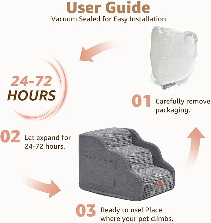 Woochpet 15.7”H Ramp Dog Stairs for Small Dogs, Side Armrest 3 Tier Wider Curved Pet Stairs for Couch and Beds，High-Density Foam Indoor Dog Steps with Non-Slip Bottom and Washable Cover for Old Cats