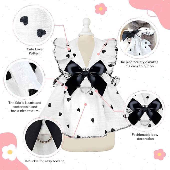 Dog Dresses for Small Dogs Girl Female Dog Cat Clothes Dress Cute Cotton Extra Summer Clothes Bow Decor Printed Love Birthday Outfit Puppy Clothes (Light Pink & Black, Small)