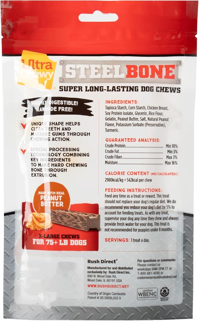 Ultra Chewy Steel Bones X-Large Size Peanut Butter Flavor - Super Long Lasting Dog Chews - Rawhide Free & Highly Digestible - Unique Shape Helps Clean Teeth - Ideal Dog Bones for Aggressive Chewers